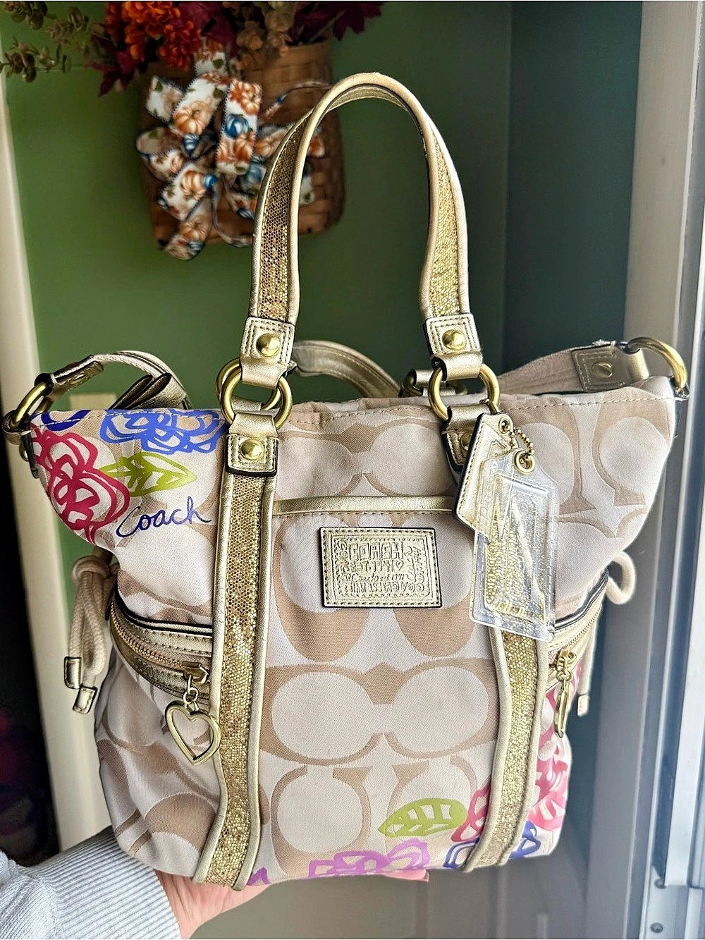 Coach Poppy Signature Graffiti Applique Glam Tote Shoulder Bag Cream & Gold